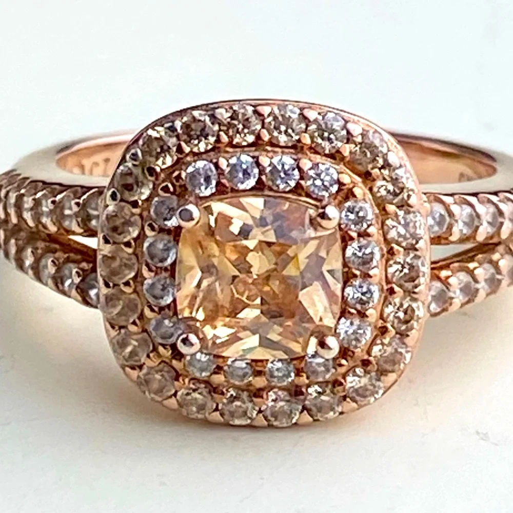 14K Rose Gold Plated Sterling Cushion Cut Champaign Cubic Zirconia Double Halo
